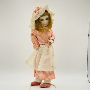 Vintage 9" Porcelain Doll Bendable Limbs Checkered Dress With Matching Bonnet
